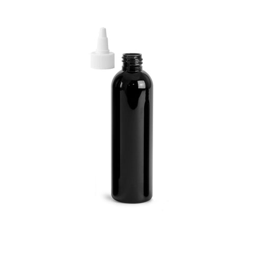 8 oz Black Cosmo Round Bottles, White Twist Cap (12 Pack)