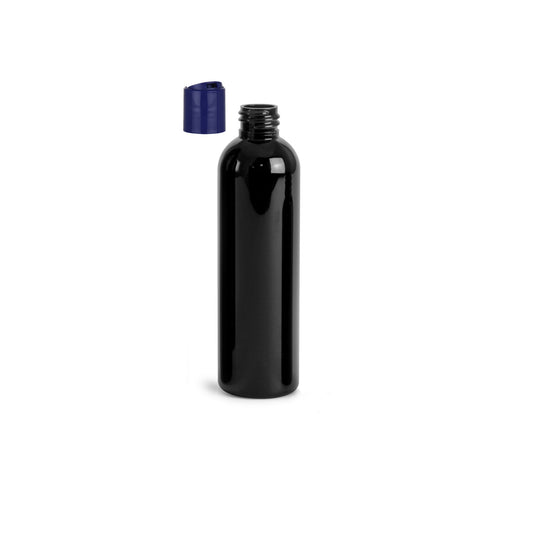 8 oz Black Cosmo Round Bottles, Dark Blue Disc Cap (12 Pack)