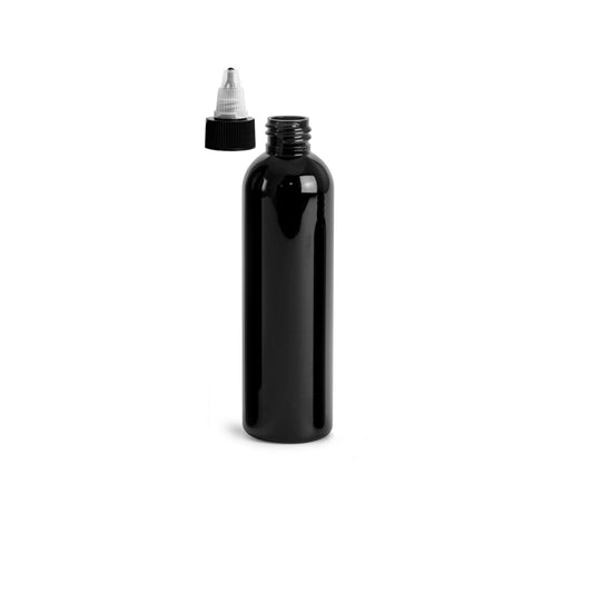 8 oz Black Cosmo Round Bottles, Black/Natural Twist Cap (12 Pack)