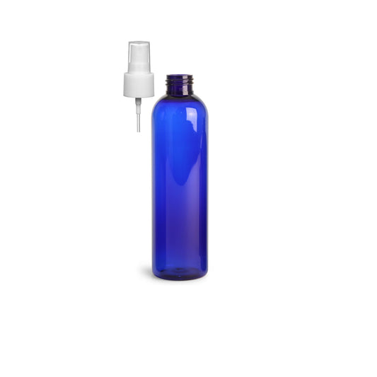 8 oz Blue Cosmo Round Bottles, White Spray Cap (8 Pack)