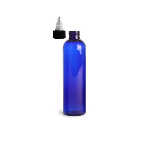 8 oz Blue Cosmo Round Bottles, Black/Natural Twist Cap (12 Pack)