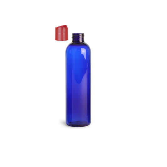 8 oz Blue Cosmo Round Bottles, Coral Pink Disc Cap (12 Pack)