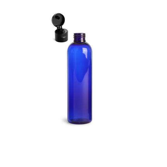 8 oz Blue Cosmo Round Bottles, Black Smooth Snap Cap (12 Pack)