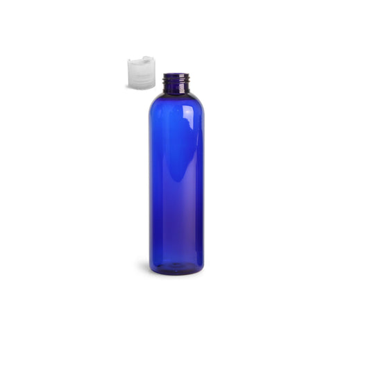 8 oz Blue Cosmo Round Bottles, Natural Disc Cap (12 Pack)