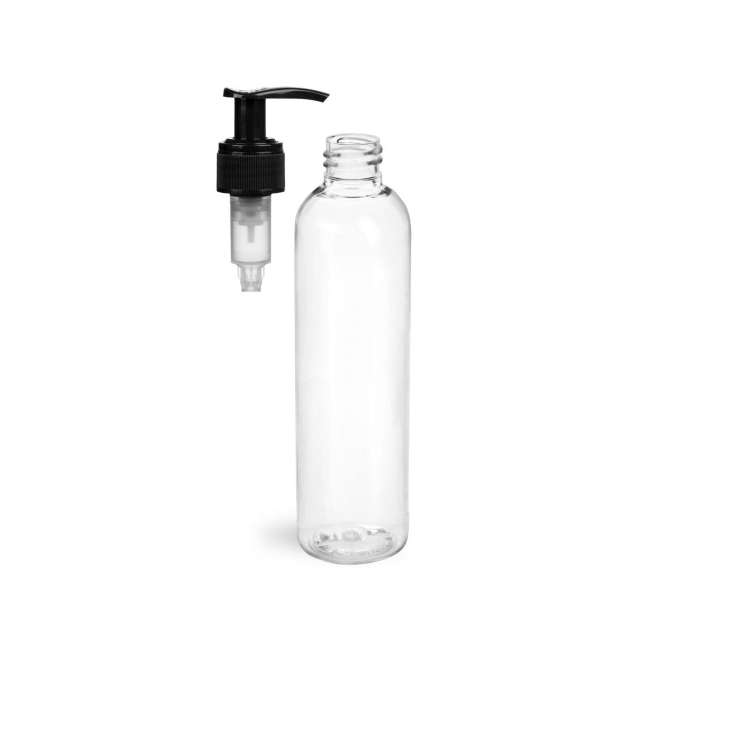 8 oz Clear Cosmo Round Bottles, Black Pump Cap (8 Pack)