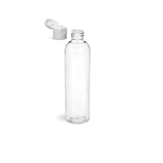 8 oz Clear Cosmo Round Bottles, White Smooth Snap Cap (12 Pack)