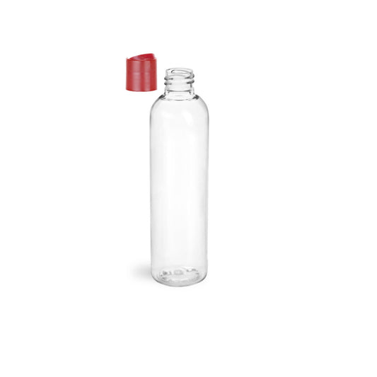 8 oz Clear Cosmo Round Bottles, Coral Pink Disc Cap (12 Pack)