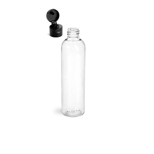 8 oz Clear Cosmo Round Bottles, Black Smooth Snap Cap (12 Pack)