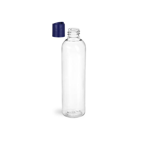 8 oz Clear Cosmo Round Bottles, Dark Blue Disc Cap (12 Pack)