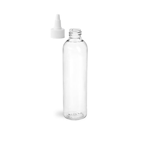 8 oz Clear Cosmo Round Bottles, White Twist Cap (12 Pack)