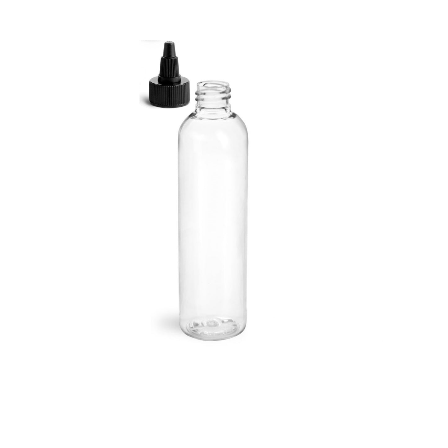 8 oz Clear Cosmo Round Bottles, Black Twist Cap (12 Pack)