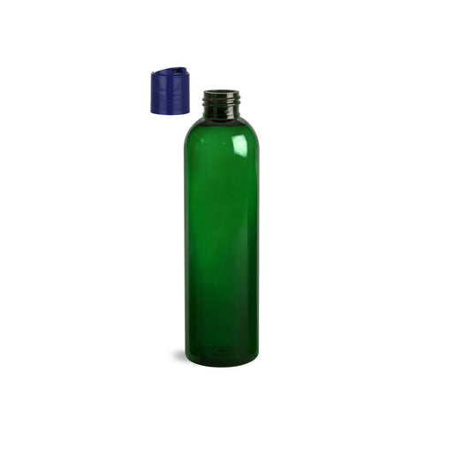 8 oz Green Cosmo Round Bottles, Dark Blue Disc Cap (12 Pack)