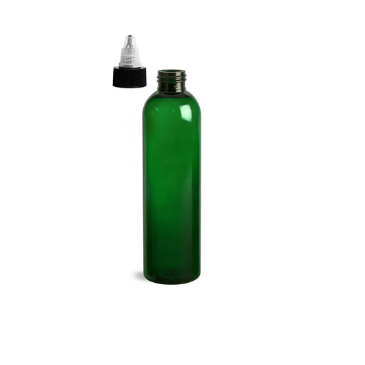 8 oz Green Cosmo Round Bottles, Black/Natural Twist Cap (12 Pack)