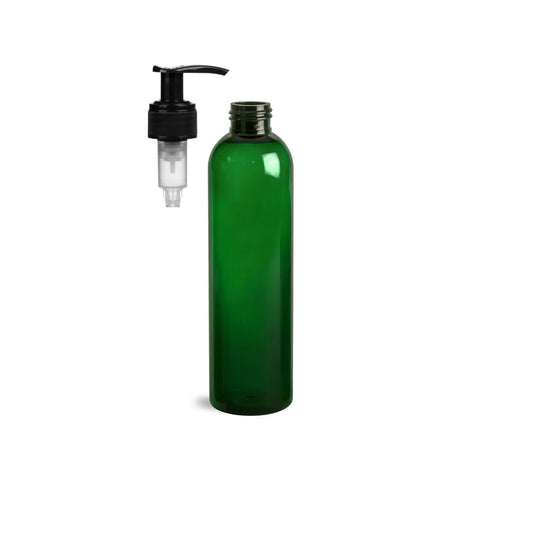 8 oz Green Cosmo Round Bottles, Black Pump Cap (8 Pack)