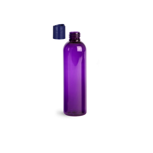 8 oz Purple Cosmo Round Bottles, Dark Blue Disc Cap (12 Pack)