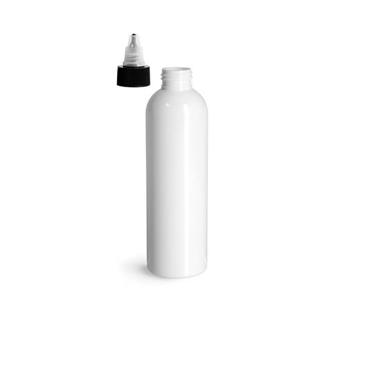 8 oz White Cosmo Round Bottles, Black/Natural Twist Cap (12 Pack)