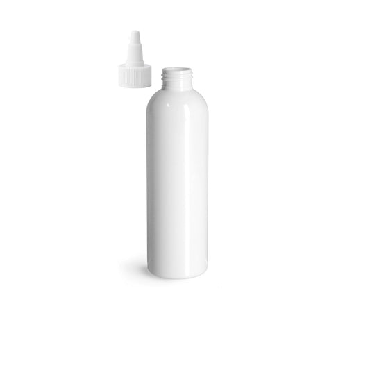 8 oz White Cosmo Round Bottles, White Twist Cap (12 Pack)