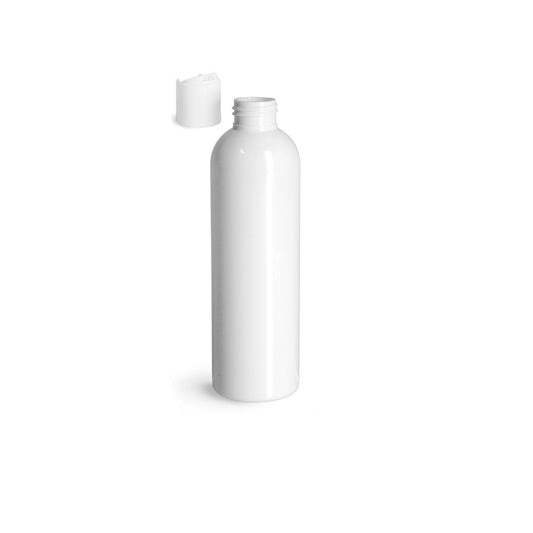 8 oz White Cosmo Round Bottles, White Disc Cap (12 Pack)