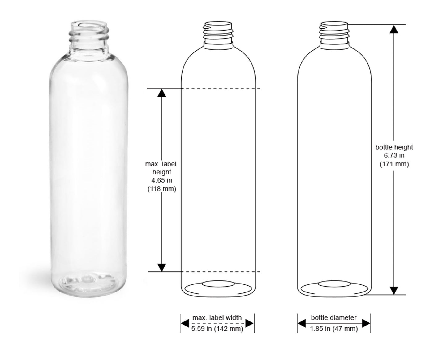 8 oz Clear Cosmo Round Bottles, Black Disc Cap (12 Pack)